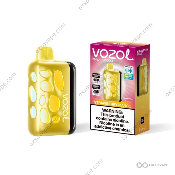 Vozol Rave 40000 Strawberry Mango flavor box combining red strawberries and orange mango slices