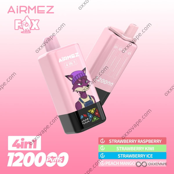 Airmez Fox 120000 Verpackung mit Symbolen für Erdbeer-, Kiwi- und Pfirsich-Mango-Wassermelonen-Geschmack