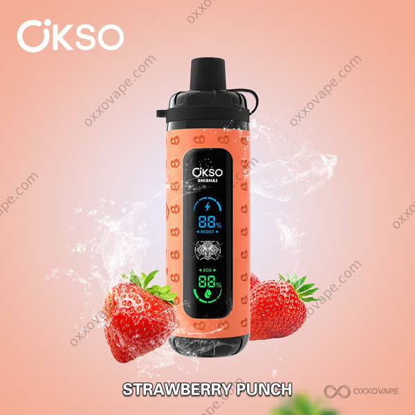 Verpackung der Strawberry Punch Geschmacksrichtung für den OKSO Shisha Max 40000 Vape mit roten Erdbeeren und Zitrusspritzern