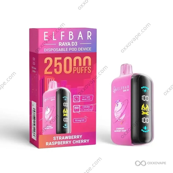 Strawberry Raspberry Cherry flavor packaging for Elf Bar Raya D3 25000 disposable vape with triple berry art