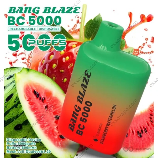 Smaakdoosje Aardbei Watermeloen voor Bang Blaze BC5000 vape met zomerse rode fruitillustratie