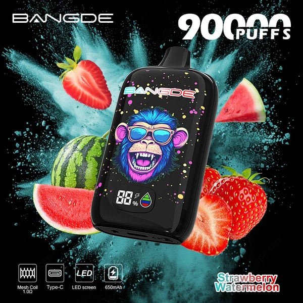 Bang DE 90000 Strawberry Watermelon flavor box showing red fruit blend graphics