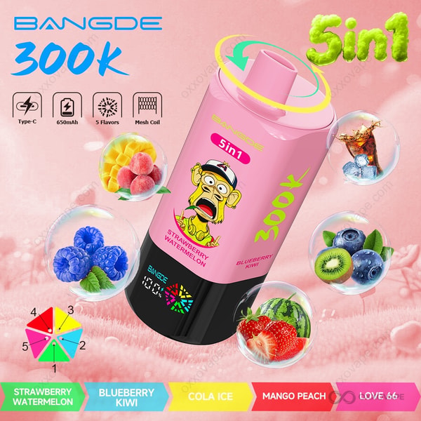 Bang DE 300000 packaging featuring Strawberry Watermelon, Blueberry Kiwi, Cola Ice, Mango Peach and LOVE 66 flavor labels