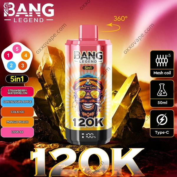 Boîte de saveurs Bang Legend 120000 avec les parfums Fraise Pastèque Melon Pomme Cola Glacé Love 66 en illustration