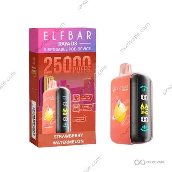 Strawberry Watermelon flavor packaging for Elf Bar Raya D3 25000 disposable vape with red fruit graphics