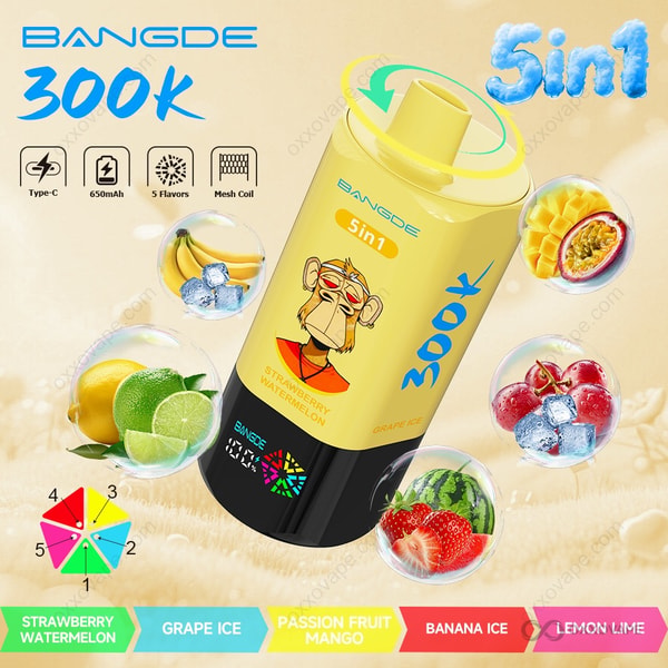 Bang DE 300000 box art showing Strawberry Watermelon, Grape Ice, Passion Fruit Mango, Banana Ice and Lemon Lime flavor graphics