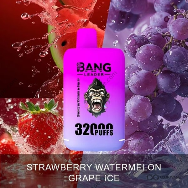 Bang Leader 32000 Strawberry Watermelon Grape Ice box with purple grape clusters and frosted lettering