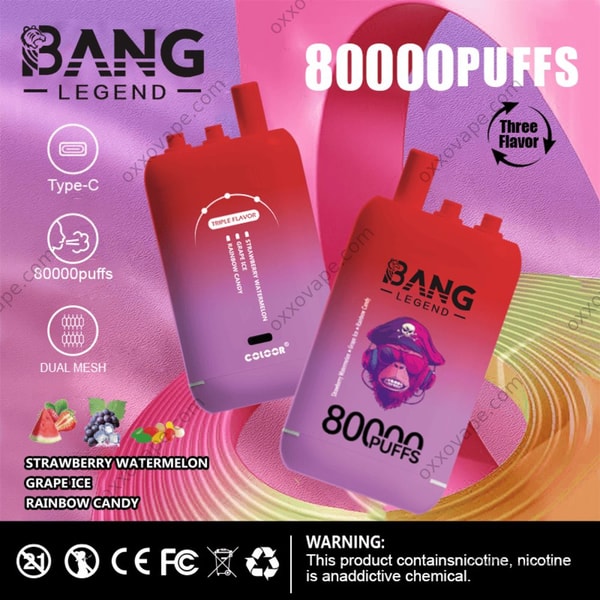 Bang Legend 80000 box design for Strawberry Watermelon Grape Ice Rainbow Candy flavor trio