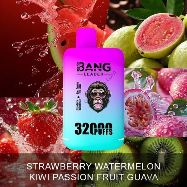 Bang Leader 32000 packaging showing strawberry watermelon slices next to kiwi passion fruit guava illustration