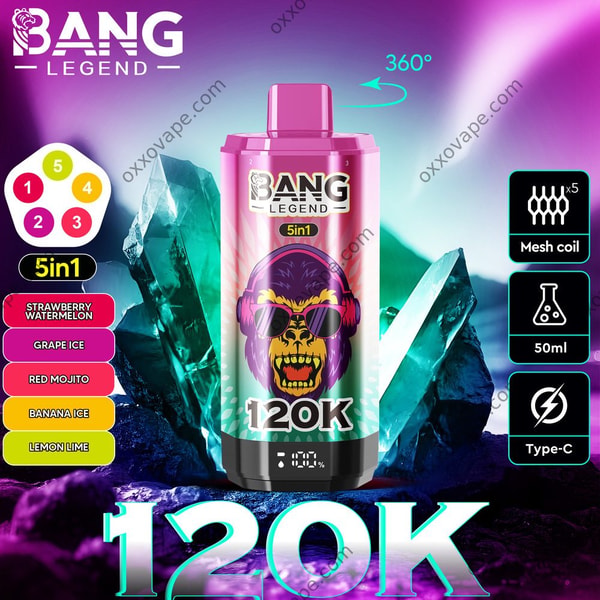 Visuel Bang Legend 120000 pour le set de saveurs Fraise Pastèque Raisin Glacé Mojito Rouge Banane Glacée