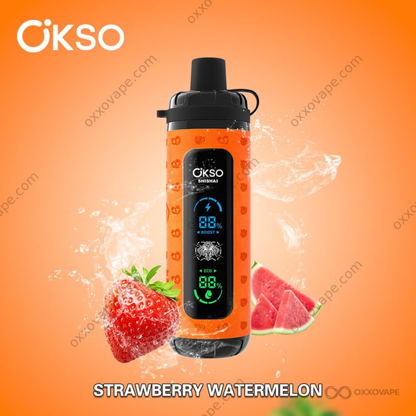 Verpackung der Strawberry Watermelon Geschmacksrichtung für den OKSO Shisha Max 40000 Vape mit zweifarbiger Fruchtgrafik
