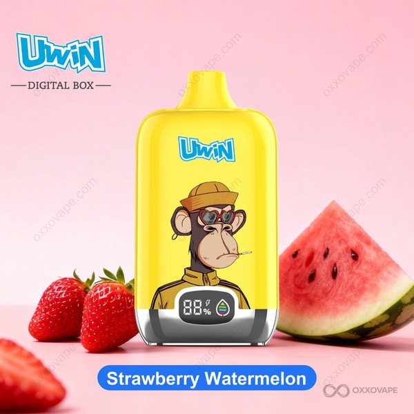 Strawberry Watermelon flavor packaging for Uwin Digital Box 12000 vape showing red and pink fruit graphics