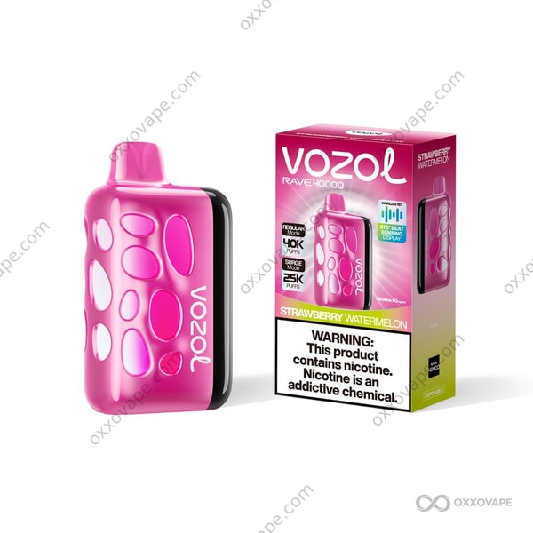 Vozol Rave 40000 Strawberry Watermelon flavor box with red and green fruit slice graphics