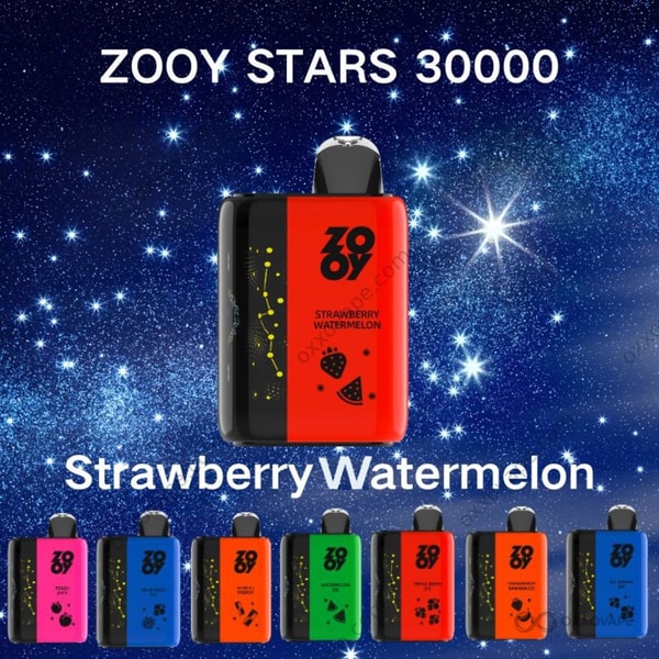 Strawberry Watermelon flavor box for ZOOY Stars 30000 vape displaying red and pink fruit artwork