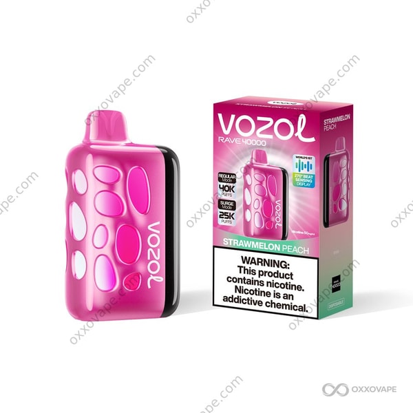 Vozol Rave 40000 Strawmelon Peach flavor box blending strawberry, watermelon and peach artwork