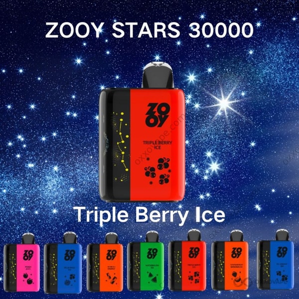 Triple Berry Ice flavor box for ZOOY Stars 30000 vape showing mixed berries and frost design
