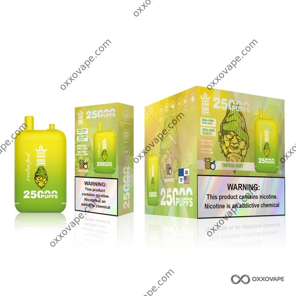 Opakowanie o smaku owoców tropikalnych do jednorazowego waporyzatora Bang King 25000 z grafiką mango i ananasa