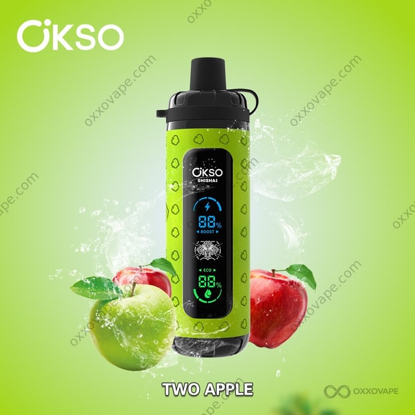Verpackung der Two Apple Geschmacksrichtung für den OKSO Shisha Max 40000 Einweg-Vape mit grünen und roten Apfelmotiven