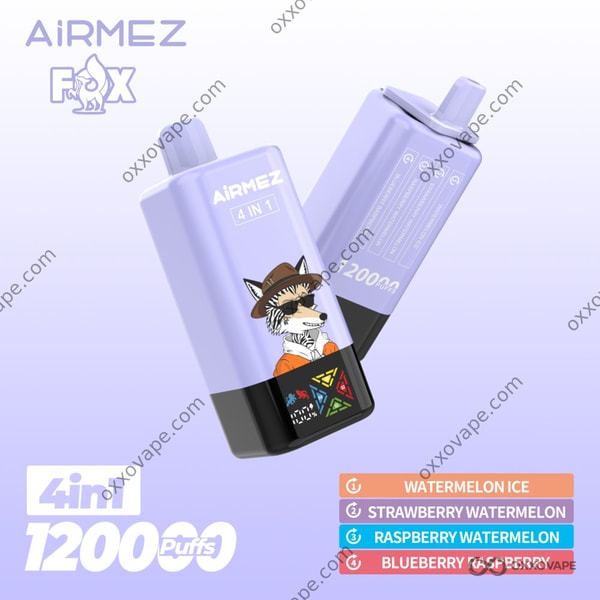 Airmez Fox 120000 Verpackung mit Wassermelonen- und Beerengrafiken auf coolem blauem Hintergrund