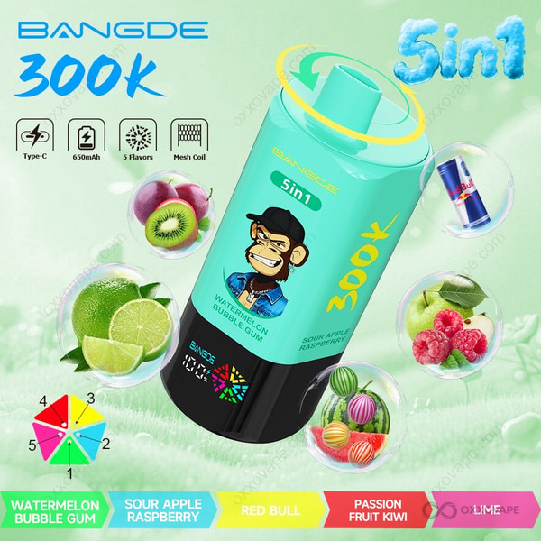 Bang DE 300000 box showing Watermelon Bubble Gum, Sour Apple Raspberry, Red Bull, Passion Fruit Kiwi and Lime flavor graphics