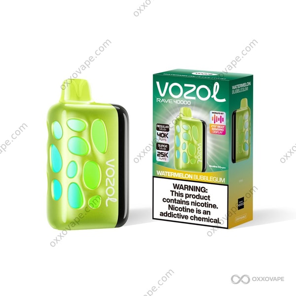 Vozol Rave 40000 Watermelon Bubblegum flavor box with pink bubblegum and green watermelon art