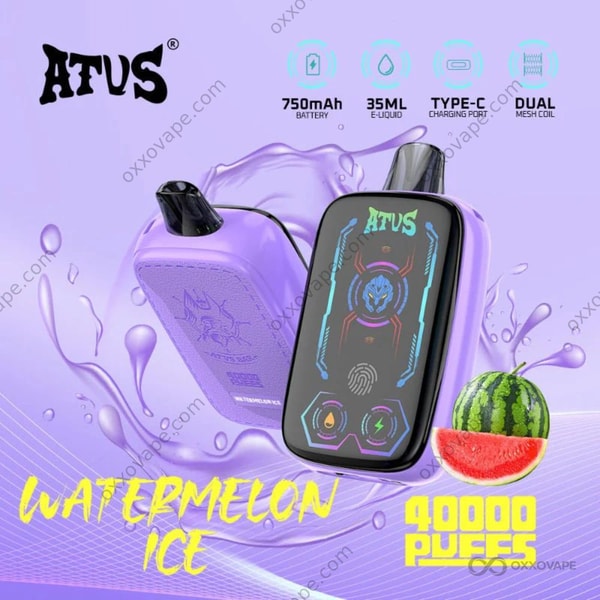 Red and green ATVS 40000 box showing watermelon slice graphic with frosted cooling design