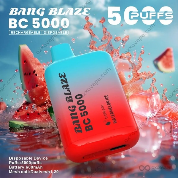 Smaakdoosje Watermeloenijs voor Bang Blaze BC5000 vape met frisse groene en roze watermeloenillustraties