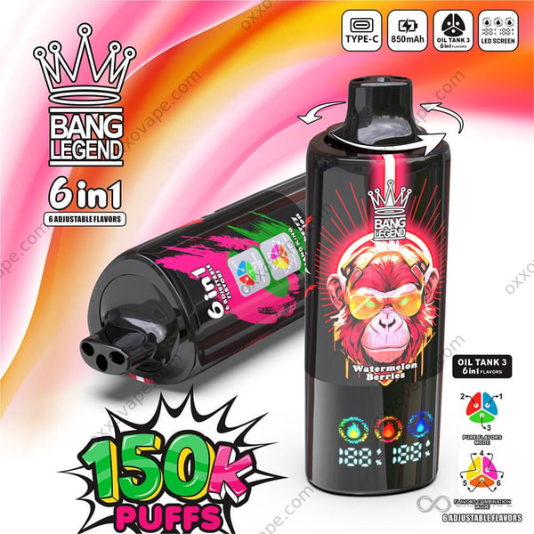Bang Legend 150000 packaging with red watermelon slice and berry illustrations