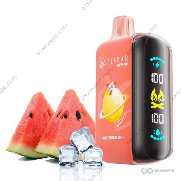 Watermelon Ice flavor packaging for Elf Bar Raya D3 25000 disposable vape with frosted watermelon slice art