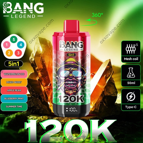 Boîte de saveurs Bang Legend 120000 montrant les réservoirs Pastèque Glacée Baies Mélangées Pomme Poire Myrtille Menthe