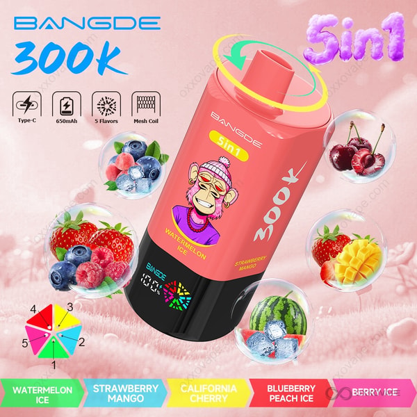 Bang DE 300000 flavor box displaying Watermelon Ice, Strawberry Mango, California Cherry, Blueberry Peach Ice and Berry Ice art