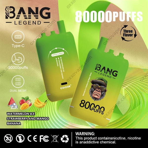 Bang Legend 80000 packaging box for Watermelon Ice Strawberry Mango Banana flavor with fruit graphics