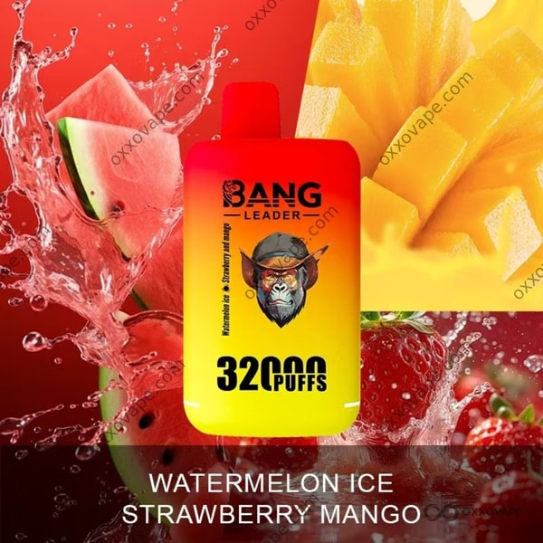 Bang Leader 32000 Watermelon Ice Strawberry Mango packaging with tropical fruit illustration and icy blue accents