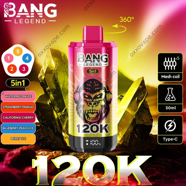 Packaging Bang Legend 120000 avec visuel Pastèque Glacée Fraise Mangue Cerise Californienne