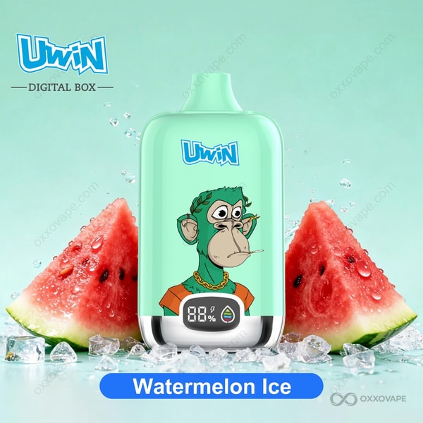Watermelon Ice flavor box for Uwin Digital Box 12000 disposable vape showing juicy watermelon slice artwork