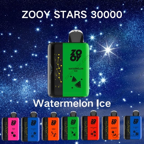 Watermelon Ice flavor box for ZOOY Stars 30000 vape with green and pink watermelon slice artwork