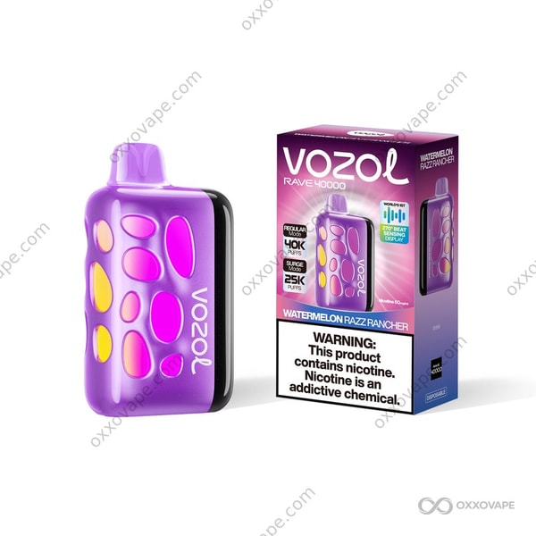 Vozol Rave 40000 Watermelon Razz Rancher flavor box featuring watermelon and raspberry artwork