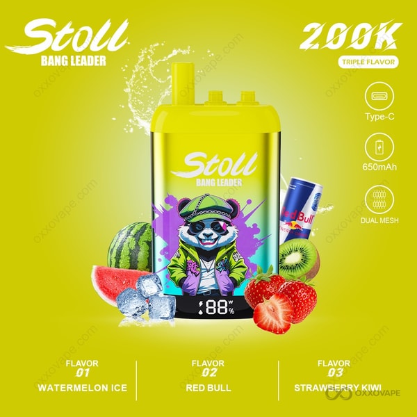 Bang Leader Stoll 200000 packaging for Watermelon Ice Red Bull Strawberry Kiwi flavor trio with green and red graphics