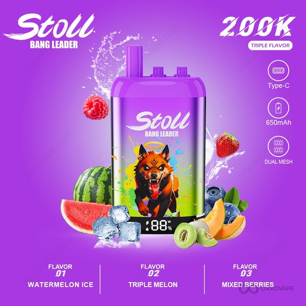 Packaging for Watermelon Ice Triple Melon Mixed Berries flavor trio with green melon slice illustration
