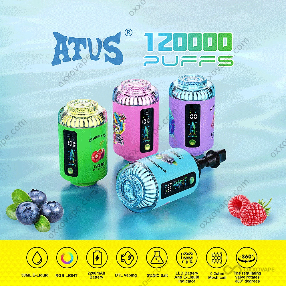 dtl disposable vape ATVS 120000 Puffs | Hookah Head, LED Display & 360° Airflow White Grape Gush disposable vape 12 Best CBD Products Colour:Cyber Lime Kit