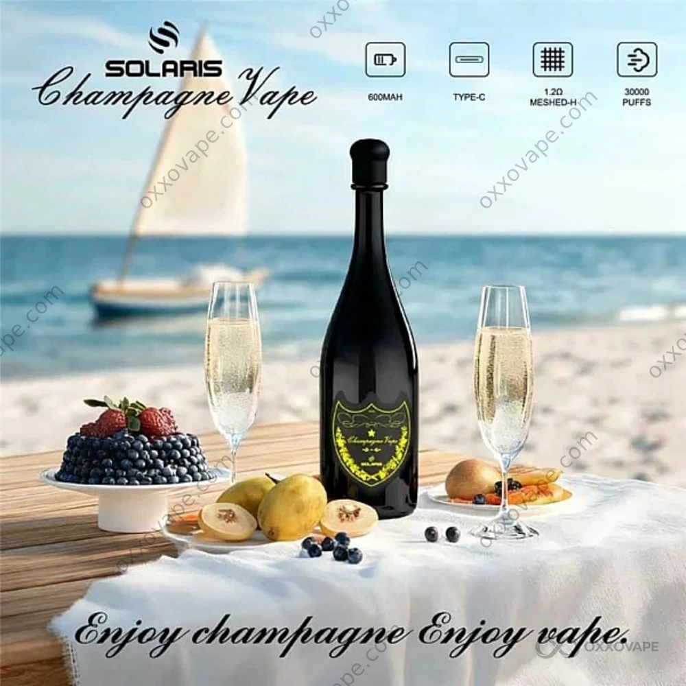 solaris disposable vape Champagne 30000 30K Puffs | LED Light & Mesh Coil | Premium Champagne Bottle Design Flavour:Blue Raspberry Cherry Ice 50mg Nicotine Vape Blu Dream Gum E-Liquid